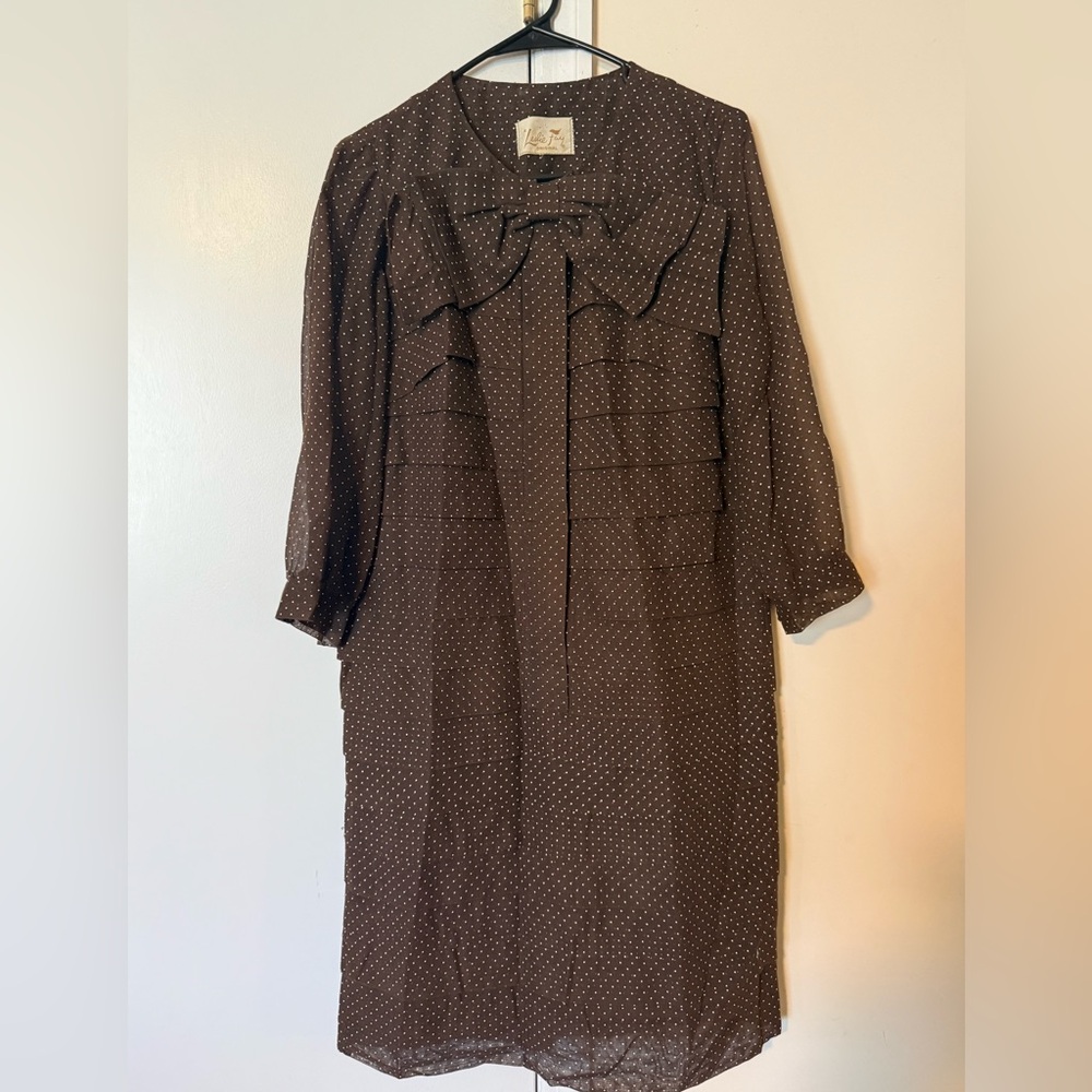 Vintage Leslie Fay Brown Polka Dot Long-Sleeve Bow-Neck Dress, 36-38 bust